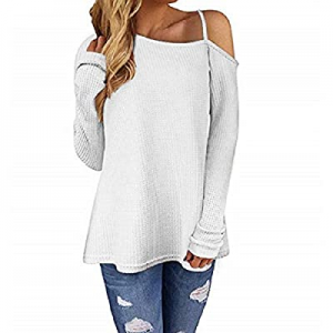 Aiopr Womens Cold Shoulder Long Sleeve Spaghetti Strap Loose Waffle Knit Tops now 50.0% off 
