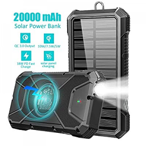 Solar Power Bank - Fast Qi Charger 20000mAh,18W QC3.0 External Battery,10W/7.5W/5W Wireless Charging