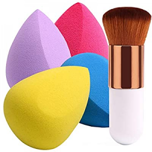 BEAKEY 4+1Pcs Makeup Sponges with Powder Brush, Foundation Blending Sponge for Liquid Cream and Powd