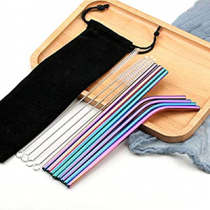 LOMANTOWN Set of 8 Stainless Steel Metal Straws 10.5 Inch Rainbow Color Reusable Straws Ultra Long f