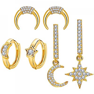 3 Pairs Cubic Zirconia Moon Star Earrings Set for Women Girls Dangle Drop Earrings Hypoallergenic ..