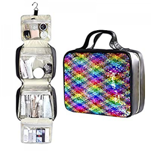 FUMOXING Hanging Travel Toiletry Bag for Women, Rainbow Sequin & Water-resistant Makeup Bag Travel O