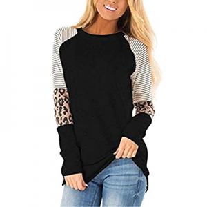 50.0% off Theenkoln Womens Tops Leopard Color Block Tunic Top Casual Striped Long Sleeve Round Nec..