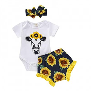 Newborn Baby Girl Clothes 3Pcs Sunflower Wild Ox Romper + Short Pants + Headband Summer Outfit Set..