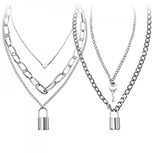 Lock Chain Necklace now 10.0% off , Egirl Chains, Statement Lock Key Pendant Necklace Silver Set E..
