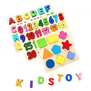 One Day Only！AiTuiTui Alphabet Puzzle Board Numbers Shapes 3 Sets Wooden Blocks for Toddlers now 2..