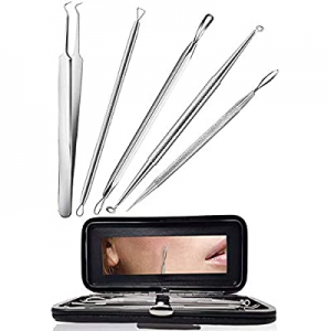 Pimple Popper Tool Kit - (9 Piece Kit) - Blackhead Remover Comedone Extractor Kit with Mirror Case f
