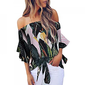 One Day Only！Zecilbo Women's Off The Shoulder Floral Printed Tie Front 3/4 Ruffle Sleeve T Shirt B..