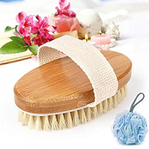 Bamboo Bath Body Brush Dry Skin Brushing with Loofahs Sponge - Shower Brushes with 100% Natural Boar