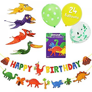 Kids Dinosaur Party Decor Supplies with Happy Birthday Banner, Dinosaur Banner, 24 Balloons and 4 Fl