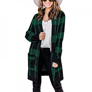 One Day Only！20.0% off MIROL Women's Buffalo Plaid Knit Cardigan Open Front Color Block Long Sweat..