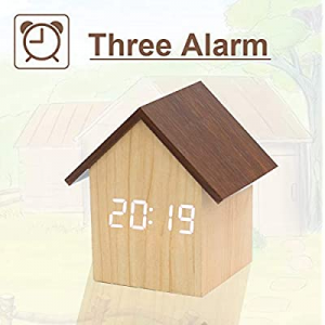 【Upgraded House Style Design】 Digital Alarm Clock, with Wooden Electronic LED Time Display, Dual Plu