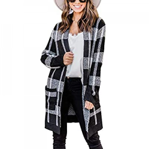 One Day Only！30.0% off MIROL Women's Buffalo Plaid Knit Cardigan Open Front Color Block Long Sweat..