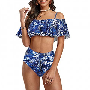 50.0% off Foshow Womens Ruffle Flounce Off Shoulder Two Piece Swimsuits Halter Crop Top Tie Knot B..