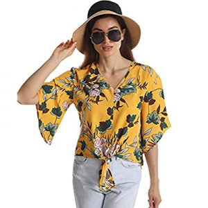 One Day Only！Women's Casual Floral Chiffon Tops 3/4 Bell Sleeve Tie Front Tee Shirt Blouse now 30...