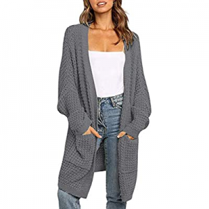 YIBOCK Womens Kimono Long Batwing Sleeve Open Front Chunky Cable Knit Cardigan Sweater with Pocket..
