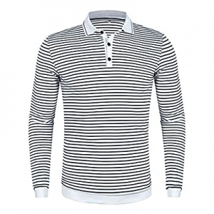poriff Men's Casual Striped Long Sleeve Golf Polo Shirt Slim Fit Cotton Polo T Shirts now 70.0% off 