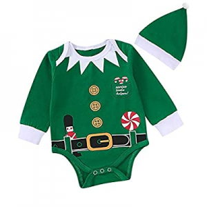 One Day Only！Christmas Elf Outfit Set Baby Boy Girl Xmas Striped Bodysuit with Hat now 50.0% off 