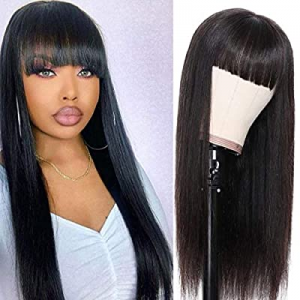 Brazilian Straight Human Hair Wigs with Bangs, Unprocessed Virgin Human Hair 130% Density No Lace Fr