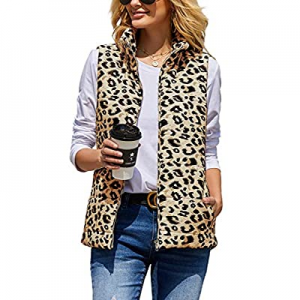 SySea Womens Leopard Quilted Padded Vest Stand Collar Zip Lightweight Gilet Outwear with Pockets n..