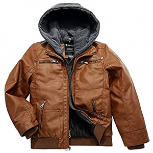 Wantdo Boy's Faux Leather Jacket Waterproof Zipper Coat with Removable Hood now 30.0% off 