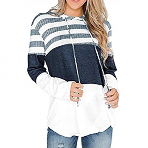 One Day Only！Cysincos Womens Hoodies Pullover Color Block Sweaters Long Sleeve Tops Hooded Striped..