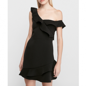 Express 露肩荷叶袖连衣裙