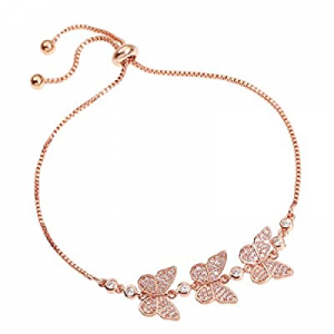 YOMEGO 3D Butterflies Bracelet Adjustable Chain Bangle with Real Gold Plating in Rose Gold and Whi..