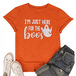 I'm Just Here for The Boos Halloween T Shirts Womens Funny Letter Printed Ghost Graphic Tee Tops n..