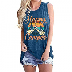 Happy Camper Shirt for Women Funny Cute Graphic Tee Short Sleeve Letter Print Casual Tee Shirts no..