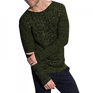 One Day Only！70.0% off PASLTER Mens Sweaters Crew Neck Long Sleeve Slim Fit Pullover Cable Knit Ca..
