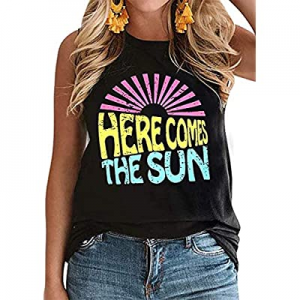 Here Comes The Sun Tank Tops Women Cute Sunshine Graphic Shirt Sleeveless Letter Print Tee T Shirt..