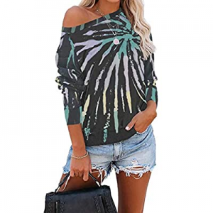 YAXIYA Women's Long Sleeve Tie Dye Off The Shoulder Tops Shirt Blouse Pullover now 15.0% off 