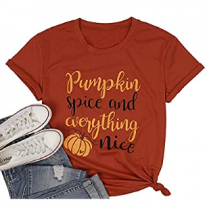 40.0% off LUKYCILD Women Pumpkin Shirt Cute Pumpkin Graphic Letter Print T-Shirt Short Sleeve Roun..