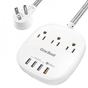 Power Strip, Flat Plug with 3 Outlets 4 USB, 15W 3 USB and 18W Quick Charge 3.0 Ports, 5ft Braided E