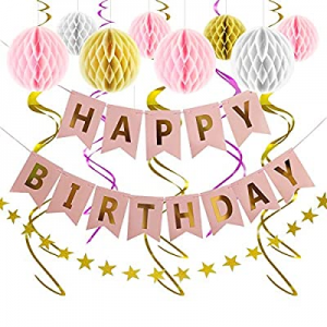 Happy Birthday Banner Party Decorations - Rose Gold Decor Supplies Kit for Girls Boys - Bday Banner