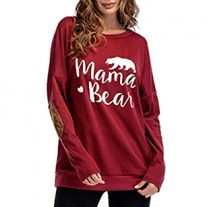 One Day Only！Sundray Women's Mama Bear t Shirt Round Neck Tops Letter Print Tunics Villus Patch Bl..