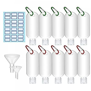 10 Packs Keychain Hand Sanitizer Bottles, 50ml/1.7oz Portable Plastic Travel Bottles with 2 Funnels