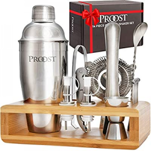 One Day Only！Proost 14-piece Stainless Steel Cocktail Shaker Set with Bamboo Stand & Drink Recipe ..