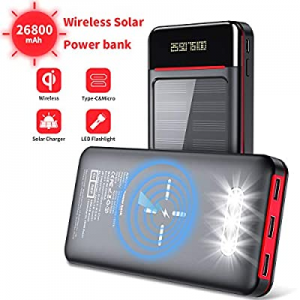 Aikove Wireless Power Bank 26800mAh Portable Solar Charger with 2 Inputs(USB C&Micro) and 3 Outputs,