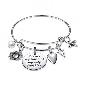 One Day Only！Sunflower Charm Bracelets for Women Girls now 50.0% off , Stainless Steel Expandable ..