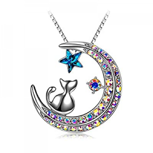 SIVERY Cat Jewelry for Women 'Laid Back Kitten' Woman Cat on Moon Necklace Pendant with Crystals f..