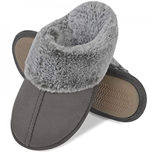 DL Women's Slippers Comfy Faux Fur Memory Foam Slip On House Slippers with Anti-Slip Rubber Sole n..