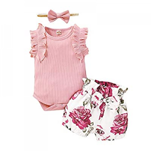 Weixinbuy Baby Girls Ruffled Romper Bodysuit Tops Floral Shorts Pants Clothes Set with Headband no..