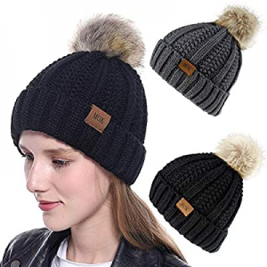 One Day Only！Beanies Hats Women Faux Fuzzy Fur Pom Poms Warm Cable Knit Hat for Winter Thick Croch..