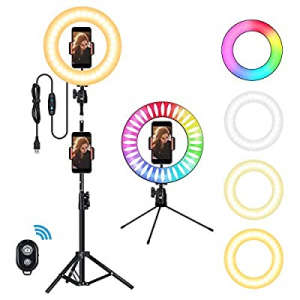 10" Selfie Ring Light with Tripod Stand and Cell Phone Holder, RGB LED Makeup Ring Light for YouTube