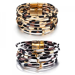One Day Only！20.0% off Fesciory Leopard Bracelet for Women Wrap Multi-Layer Leather Bracelet Magne..