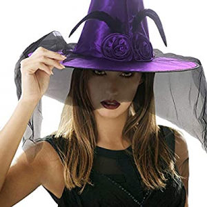 One Day Only！Halloween Hat Women's Witch Hat with Feathers and Veil Costume Witch Hat 3PCS now 55...