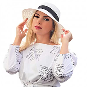55.0% off Womens Straw Sunhat with Wind Lanyard Wide Brim Classics Beach Panama Hats Foldable Summ..