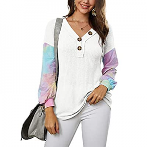 One Day Only！SySea Womens Tye Die Print Long Sleeve Henley Shirts V Neck Waffle Knit Loose Tunic T..